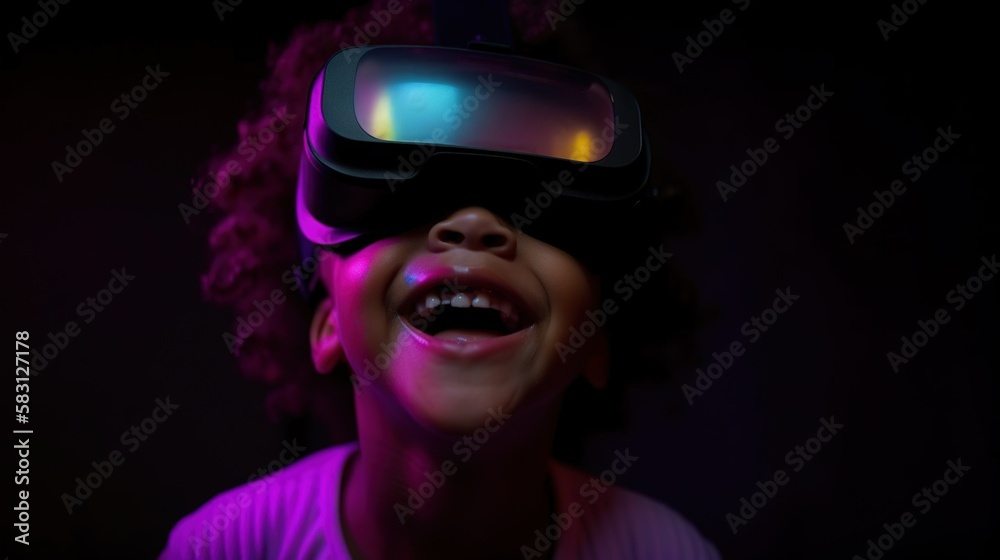 Portrait of African-American child wearing virtual reality headset. Vivid colors neon glowing HMD on girls`s face generative ai Portrait of African-American child wearing virtual reality headset. Vivid colors neon glowing HMD on girls`s face generative ai