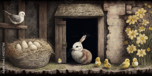 Rustic Textured Easter Background with Bunny and Chick Illustrations – Professional