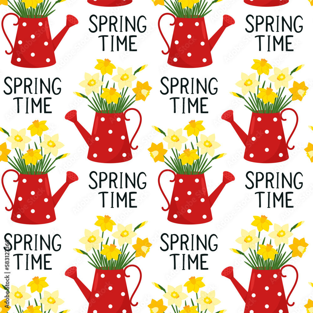 Watering can and daffodils bouquet