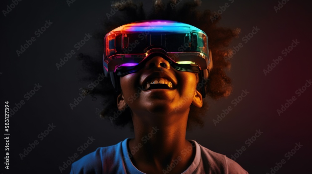 Portrait of African-American child wearing virtual reality headset. Vivid colors neon glowing HMD on girls`s face generative ai Portrait of African-American child wearing virtual reality headset. Vivid colors neon glowing HMD on girls`s face generative ai