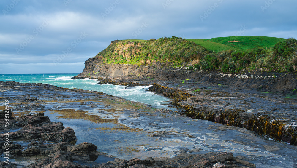 The rocky, prehistoric inlet along Curio Bay on the southern coast of the South Island, New Zealand