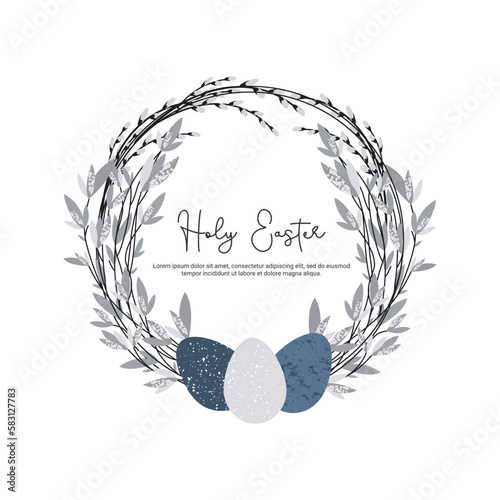 Postcard for Holy Easter. Wreath of leaves and willow with Easter eggs. Vector square template for post, postcard, banner.