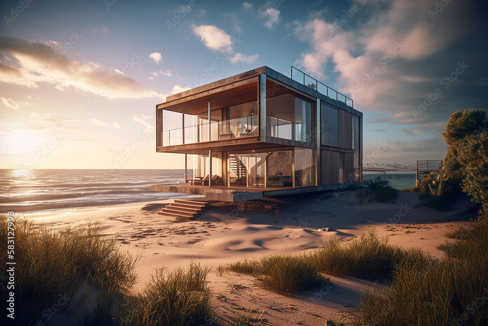 Small luxury modern beach house. Beach house. Modern architecture. Villa by the sea generative ai Small luxury modern beach house. Beach house. Modern architecture. Villa by the sea generative ai