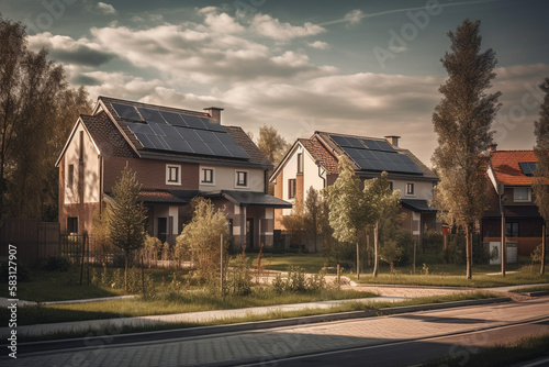 Solar panels on the roof of a beautiful modern home generative ai