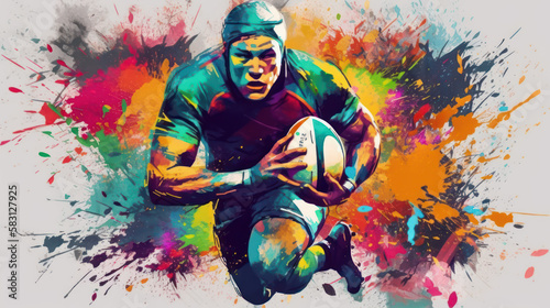 Abstract watercolor-style rugby player created with generative AI technology