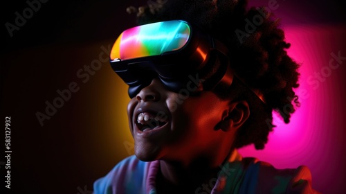 Portrait of African-American child wearing virtual reality headset. Vivid colors neon glowing HMD on boy`s face generative ai