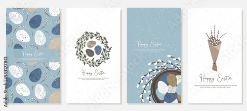 Set of vertical banners for social networks for Holy Easter in natural and rustic style with Easter eggs, bouquet with willow branches. Vector template
