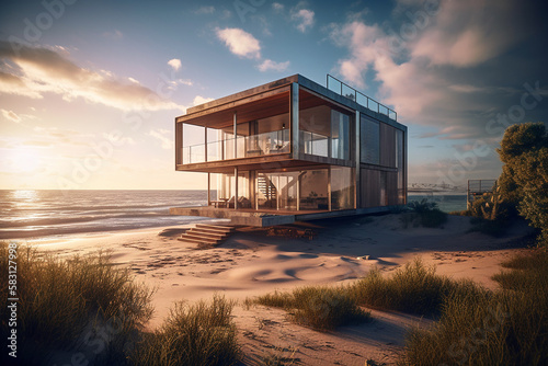 Small luxury modern beach house. Beach house. Modern architecture. Villa by the sea generative ai