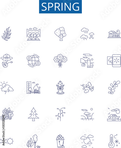 Spring line icons signs set. Design collection of Bloom, Vernal, Renewal, Thaw, Sun, Buds, Warmth, April outline concept vector illustrations