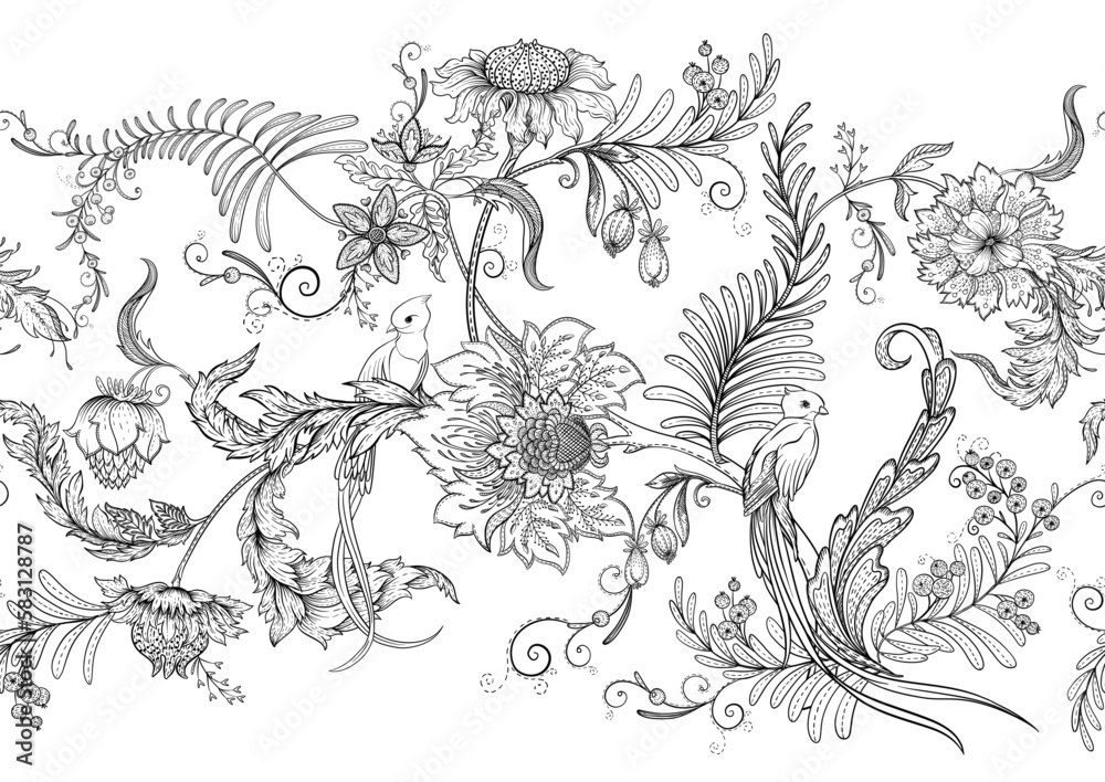 Fantasy flowers with bird of paradise quezal, in retro, vintage, jacobean embroidery style. Seamless border pattern, linear ornament, ribbon Vector illustration.