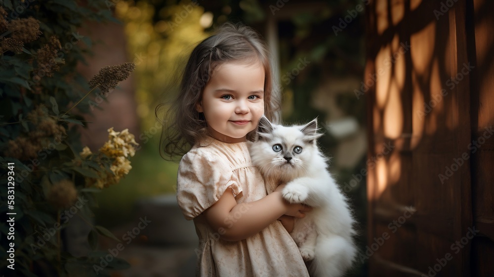 Petite fille européenne avec un chaton dans les bras, paysage champêtre - generative ai Petite fille européenne avec un chaton dans les bras, paysage champêtre - generative ai