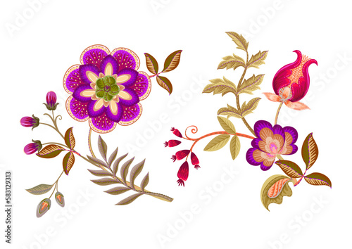 Fantasy flowers in retro, vintage, jacobean embroidery style. Element for design. Vector illustration.