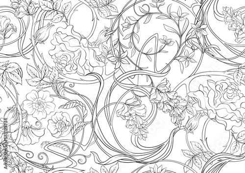 Decorative flowers and leaves in art nouveau style, vintage, old, retro style. Seamless pattern, background. Vector illustration. In art nouveau style, vintage, old, retro style.