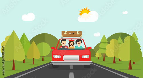Road trip car vector as family travel vocation journey in summer highway forest cartoon flat humor comic nature landscape illustration image, mountains horizon graphic, adventure weekend scene image