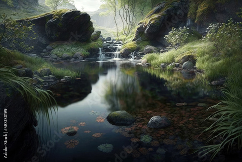 A Peaceful Cascade Spilling Into A Still Pond . Generative AI