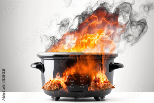 Burning Countertop Slow Cooker On A White Background. Generative AI photo