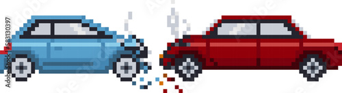 Car crash accident pixel art style. Retro video game vector illustration.