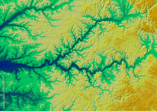 Concept de fond géographique - Hydrographie - Vue aérienne des méandres d'une rivière en territoire montagneux - Rendu 2d modèle numérique de terrain