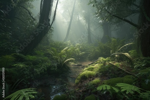 misty forest in the morning. Generative AI