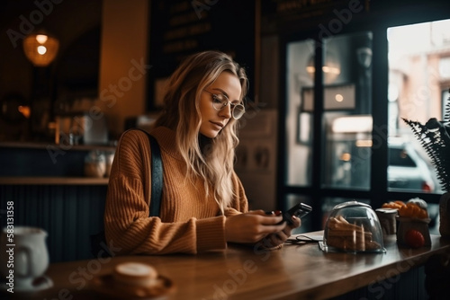 Mulher cliente realizando pagamento em sistema de pagamento eletrônico digital em restaurante bar café negócios pagamento digital banco digital praticidade eficiência rapidez IA Generativa photo