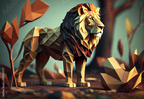A low poly lion often appears majestic and powerful  with sharp angles and bright colors capturing the essence of this regal creature.