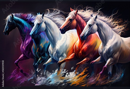 Watercolor Paintings of Horses. Generative AI.