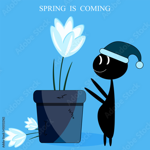 Doodle person and snowdrop in the pot with inscription spring is coming.