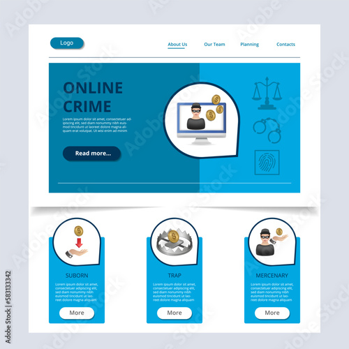 Online crime flat landing page website template. Suborn, trap, mercenary. Web banner with header, content and footer. Vector illustration.