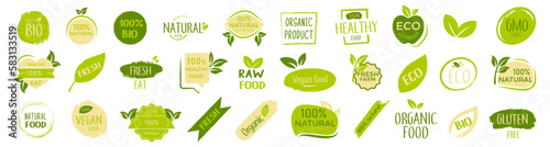 Set of organic, bio, healthy, vegan, natural green sticker