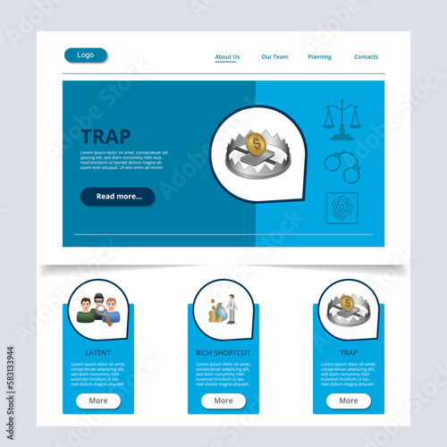 Trap flat landing page website template. Latent, rich shortcut, trap. Web banner with header, content and footer. Vector illustration.