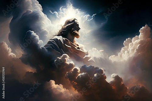 Jesus Christ, God, in the clouds, surrounded by clouds, Second Coming of Christ, Christian illustration. photo