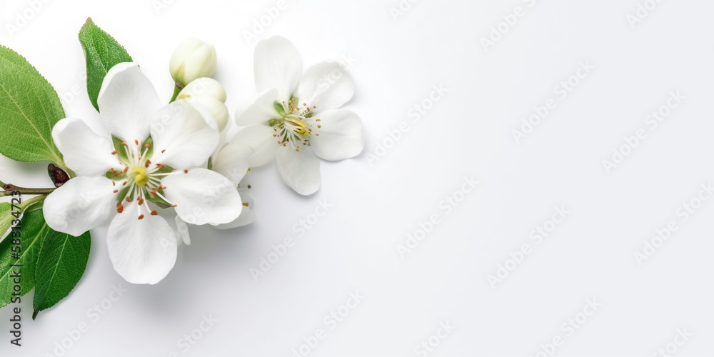 Obraz premium Escape to Romancelandia with the Delicate Beauty of Apple Blossoms. AI Generated Art. Wallpaper, Background, Whitespace.