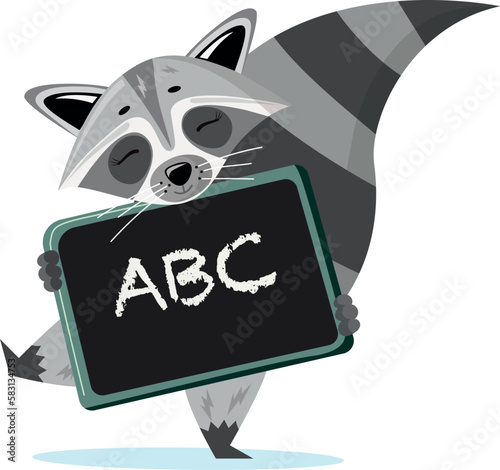 Back to school. Cartoon cute racoon goes to school. Vector illustration.