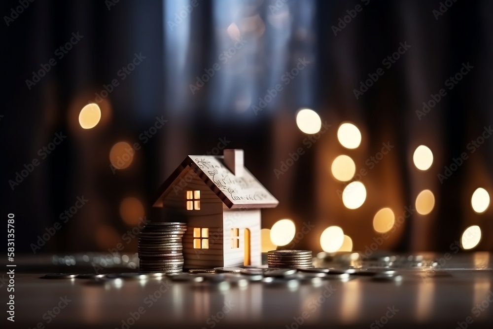 Small House and Coin Stack on wooden table on Blur Background for Investment or Loan Small House and Coin Stack on wooden table on Blur Background for Investment or Loan
