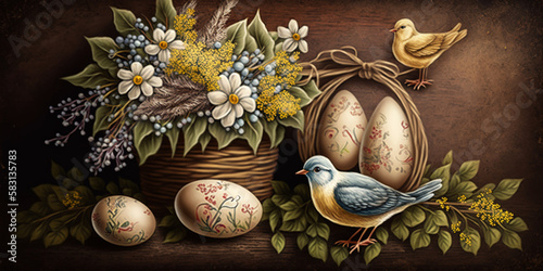 Traditional Easter Background with Hand-Painted Easter Elements – Professional