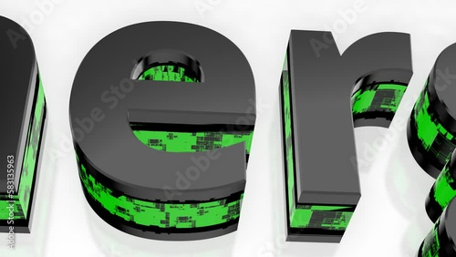 Camera moves from close-up to a total overview and shows the black and green waisted 3D letters against a reflective bluish background that make up the word energy.	