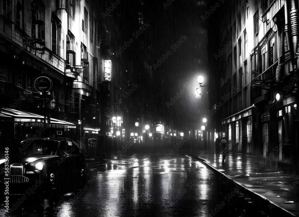 vintage style film noire style image of a rainy city street at night with lights from the buildings reflected in the wet road