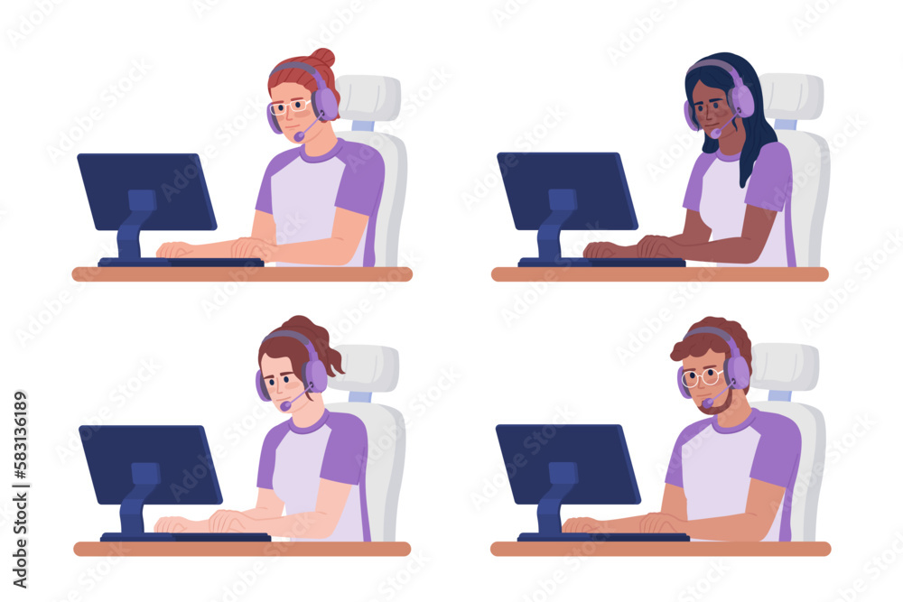 Gamers with headsets at computers semi flat color vector characters set. Editable figures. Half body people on white. Simple cartoon style spot illustration pack for web graphic design and animation Gamers with headsets at computers semi flat color vector characters set. Editable figures. Half body people on white. Simple cartoon style spot illustration pack for web graphic design and animation