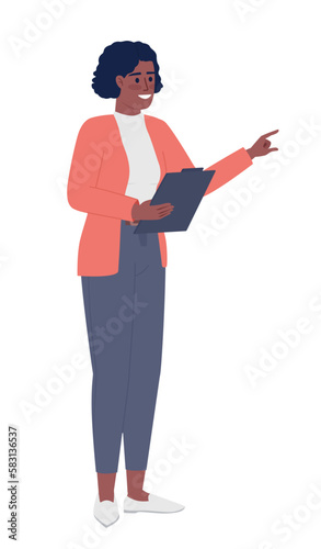 Female supervisor with clipboard semi flat color vector character. Editable figure. Full body person on white. Simple cartoon style spot illustration for web graphic design and animation
