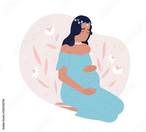 Keep mental wellbeing during pregnancy 2D vector isolated spot illustration. Soon-to-be mother hugging pregnant belly flat character on cartoon background. Colorful editable scene for mobile  website