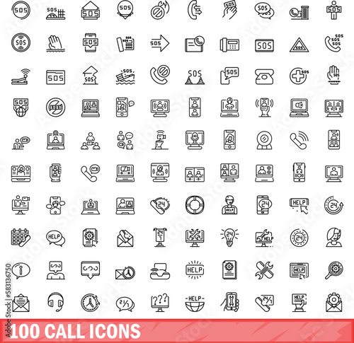 100 call icons set. Outline illustration of 100 call icons vector set isolated on white background