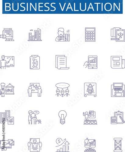 Business valuation line icons signs set. Design collection of Valuation, Business, Asset, Liability, Cashflow, Equity, Profit, Market outline concept vector illustrations