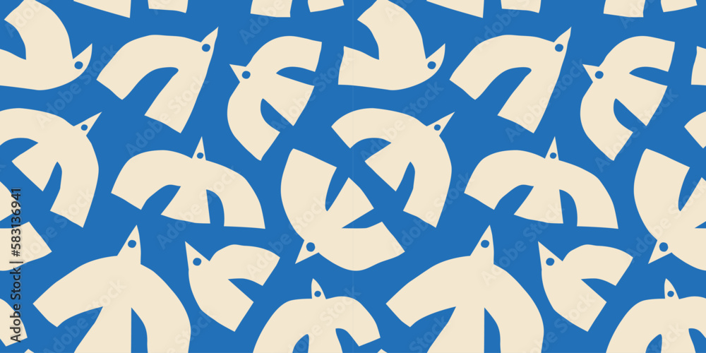 Abstract bird animal shape seamless pattern. Contemporary art flat cartoon background, simple birds flying in bright blue sky colors. 