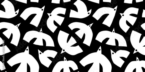 Abstract bird animal shape seamless pattern. Contemporary art flat cartoon background, simple birds flying in black and white colors. 