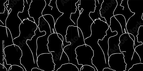 Diverse people crowd silhouette abstract art seamless pattern. Multi-ethnic community, cultural diversity group background drawing illustration in black and white.