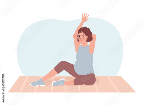 Pregnancy stretches for back pain relieving 2D vector isolated spot illustration. Pregnant woman on yoga mat flat character on cartoon background. Colorful editable scene for mobile, website, magazine
