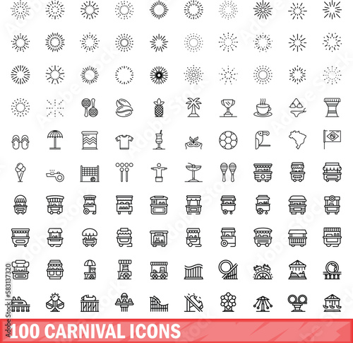 100 carnival icons set. Outline illustration of 100 carnival icons vector set isolated on white background