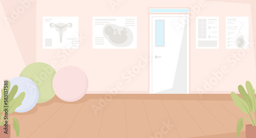 Prenatal fitness studio flat color vector illustration. Gym for pregnant women. Yoga center for expectant mothers. Fully editable 2D simple cartoon interior with exercises balls on background