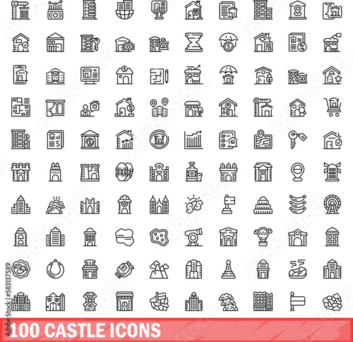 100 castle icons set. Outline illustration of 100 castle icons vector set isolated on white background