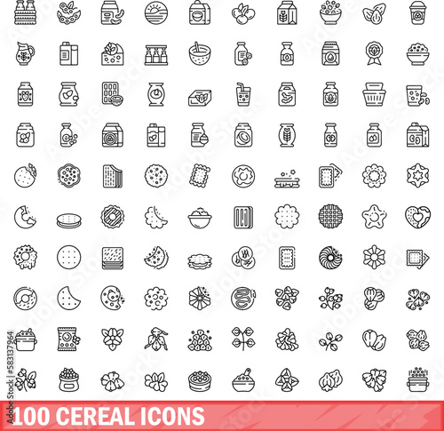 100 cereal icons set. Outline illustration of 100 cereal icons vector set isolated on white background